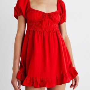 NWT Urban Outfitters BDG Farron Puff Sleeve Babydoll Mini Dress M Red